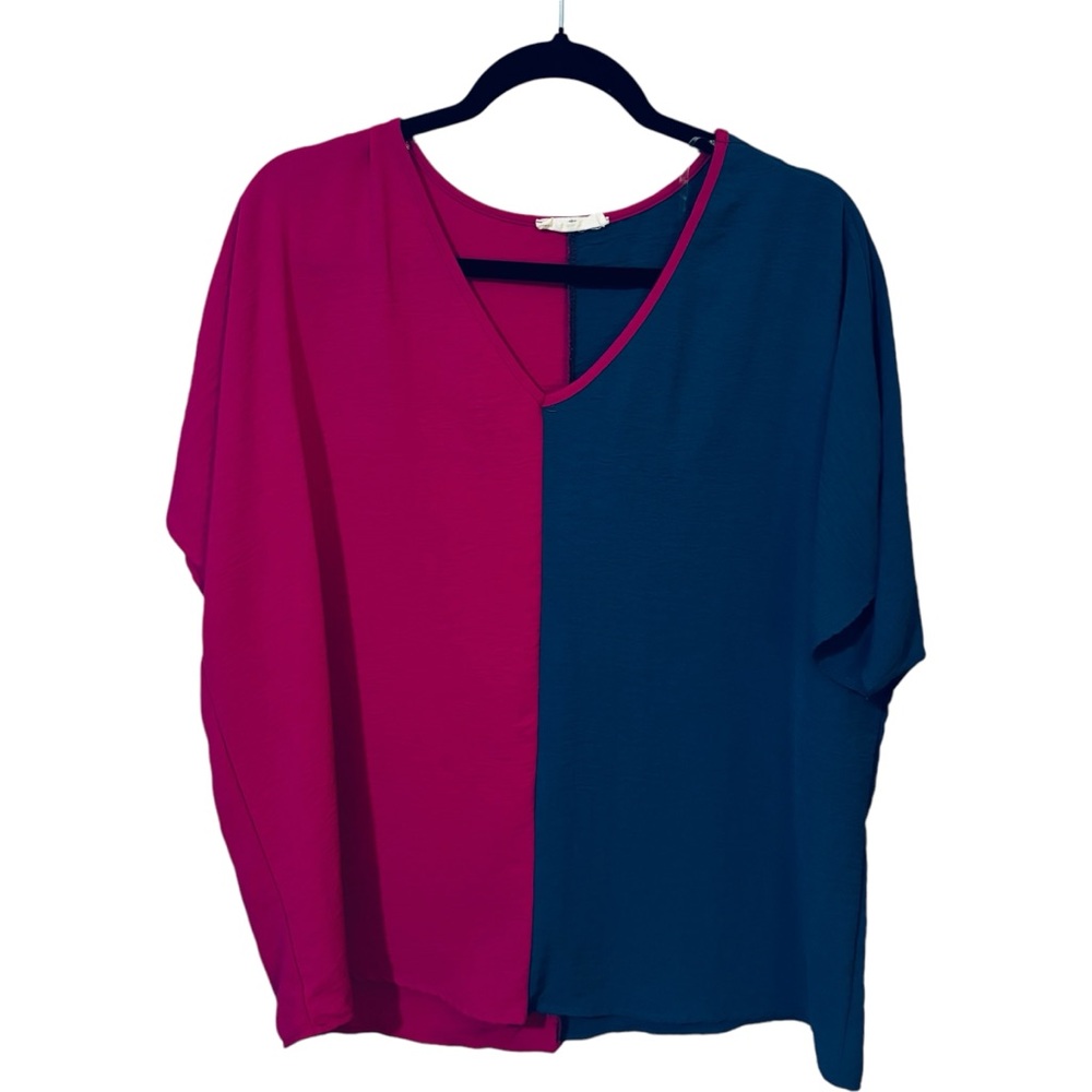 Entro Women's Large Colorblock Boxy Top Shirt Blouse Short Sleeve V Neck